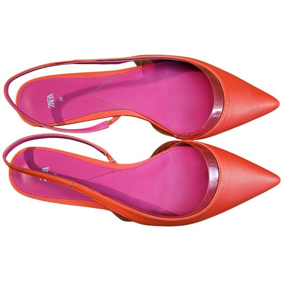 Zara Orange & Pink Pointed Toe Womens Slingback Flats Size 38 - Picture 4 of 8